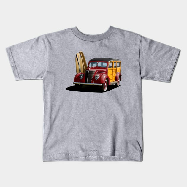 1937 Ford Woody Station Wagon in maroon Kids T-Shirt by candcretro